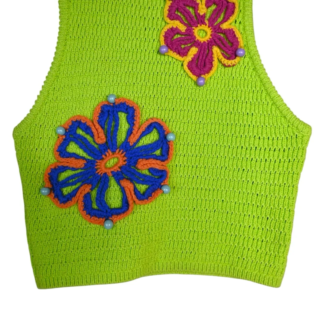 Zara Women's S Limited Edition Lime Green Crochet Knit Top with Floral Design - Image 5