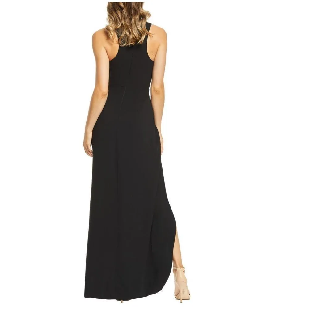 DRESS THE POPULATION Ariel Racerback Faux Wrap Crepe Dress Gown, Black Small NWT - Image 4