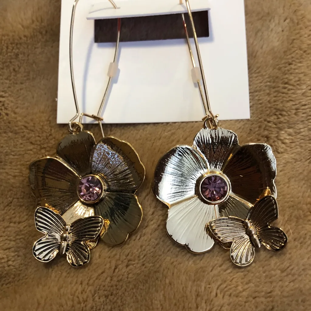 Betsey Johnson butterfly love flower hook earrings. New with tags. - Image 2