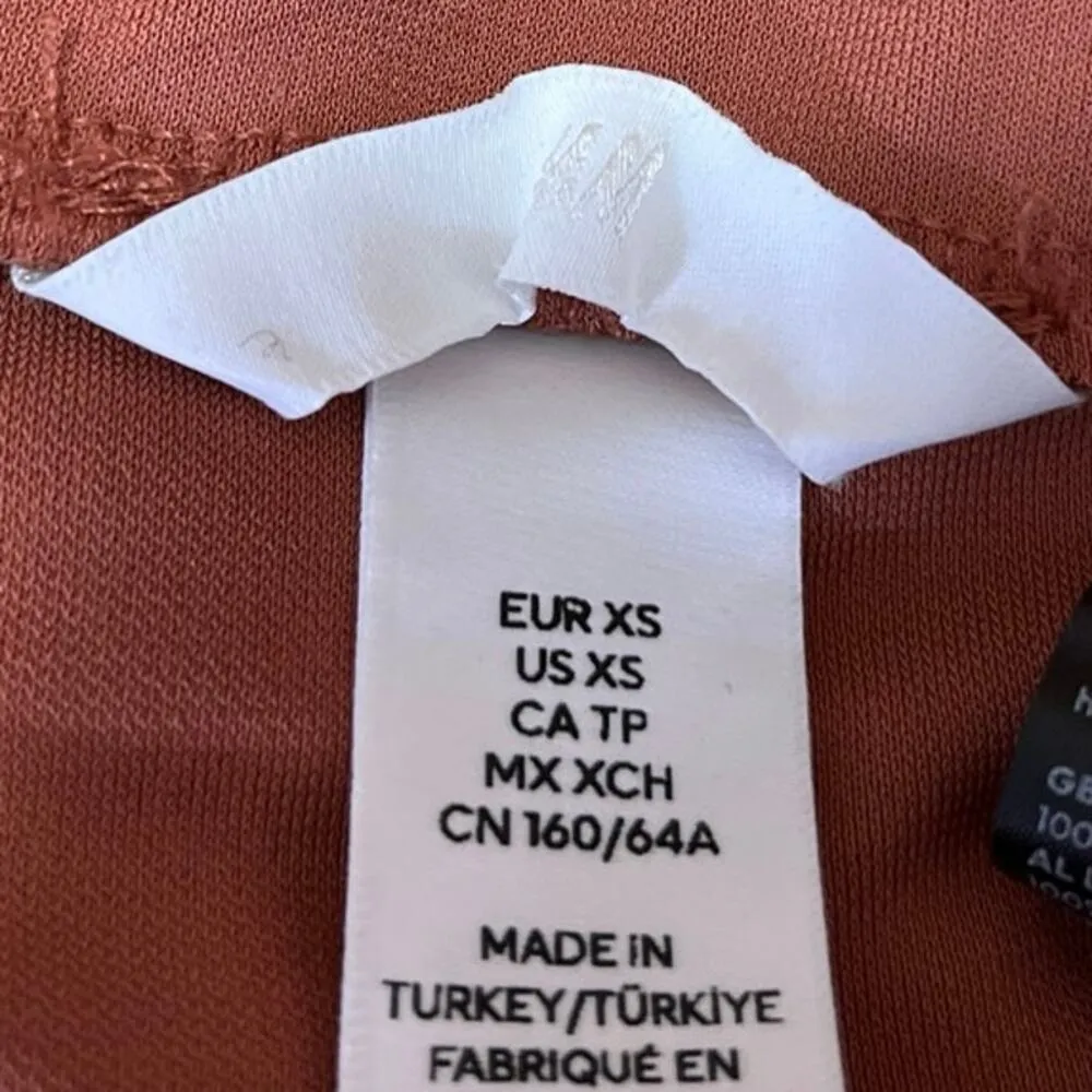 H&M Gusset Panel Brown Ruched Ruffle Draped Jersey Midi Straight Pencil Skirt XS - Image 4