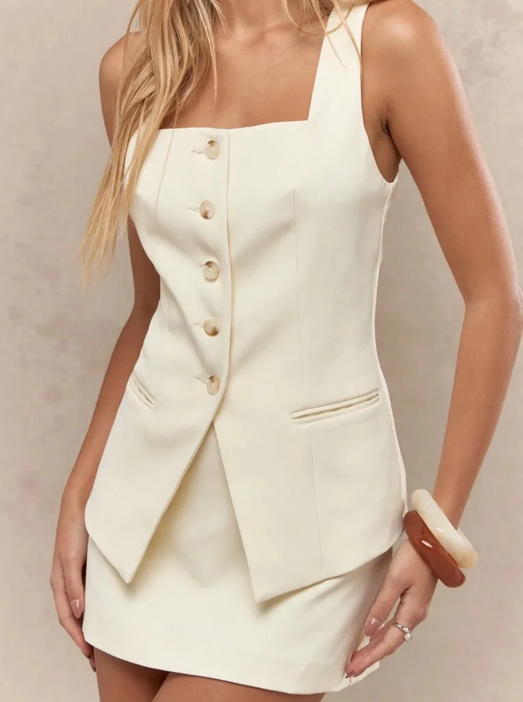 Misguided Size S Sleeveless Vest & Mini Skirt 2PC Set Cream Beige Preppy NWT - Image 1