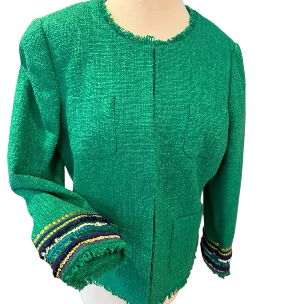 Talbots Kelly Green Tweed Sequin Cuff Jacket Size 10 - Image 7