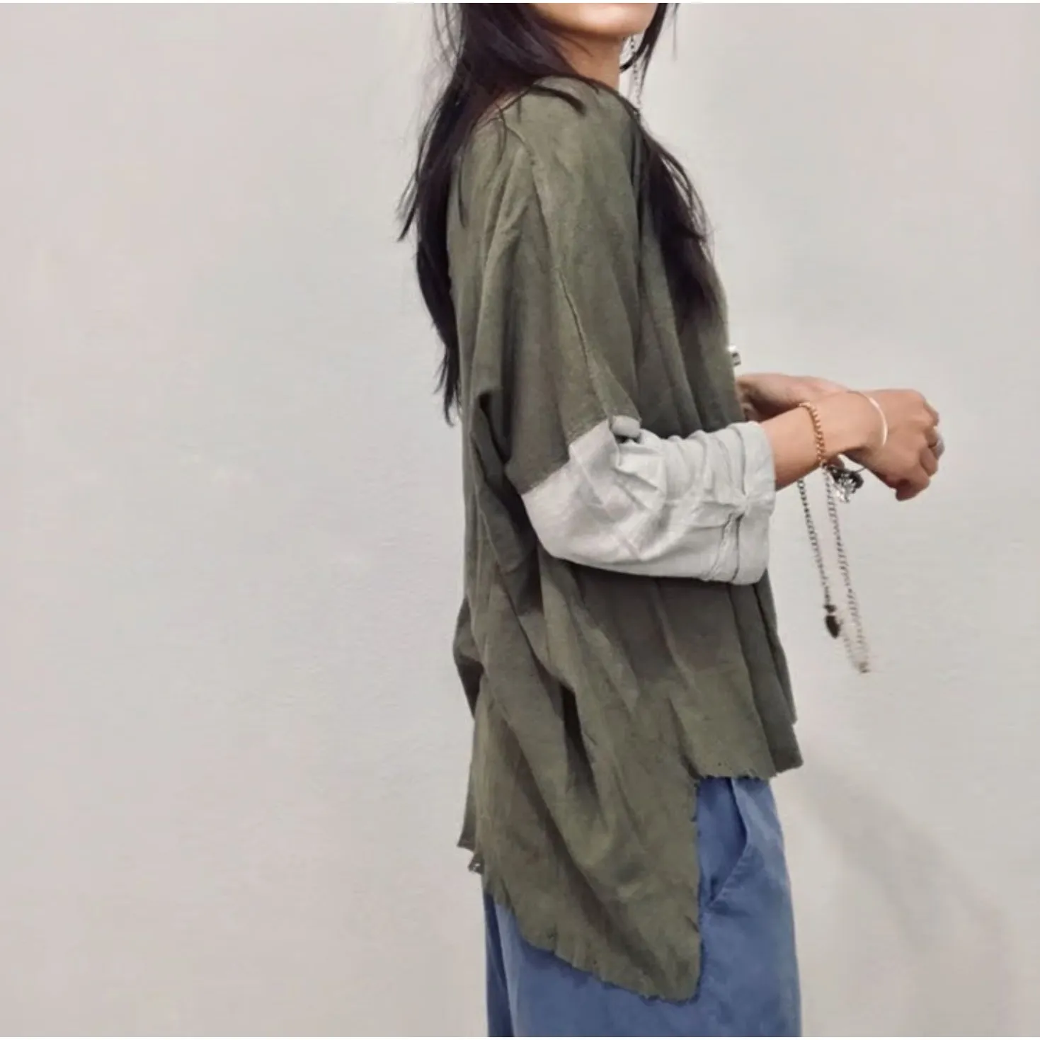 Free People Henley Top Women XS Green Oversized Crop Distress Linen Blend Grunge - Image 3