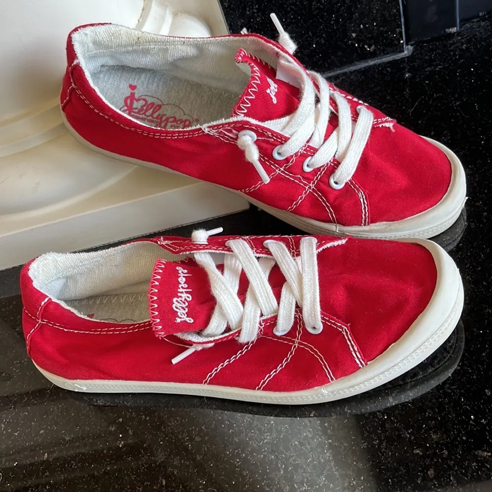 Red Sneakers Slip On Lace Up Canvas Jellypop Womens 8 - Image 3