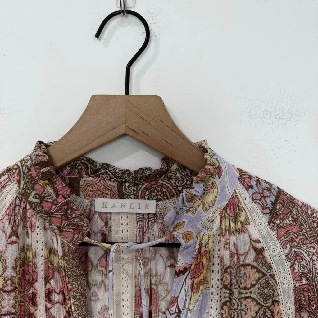 Karlie Boho Patchwork Mini Dress Pink Brown Floral Tiered Babydoll Size Small - Image 4