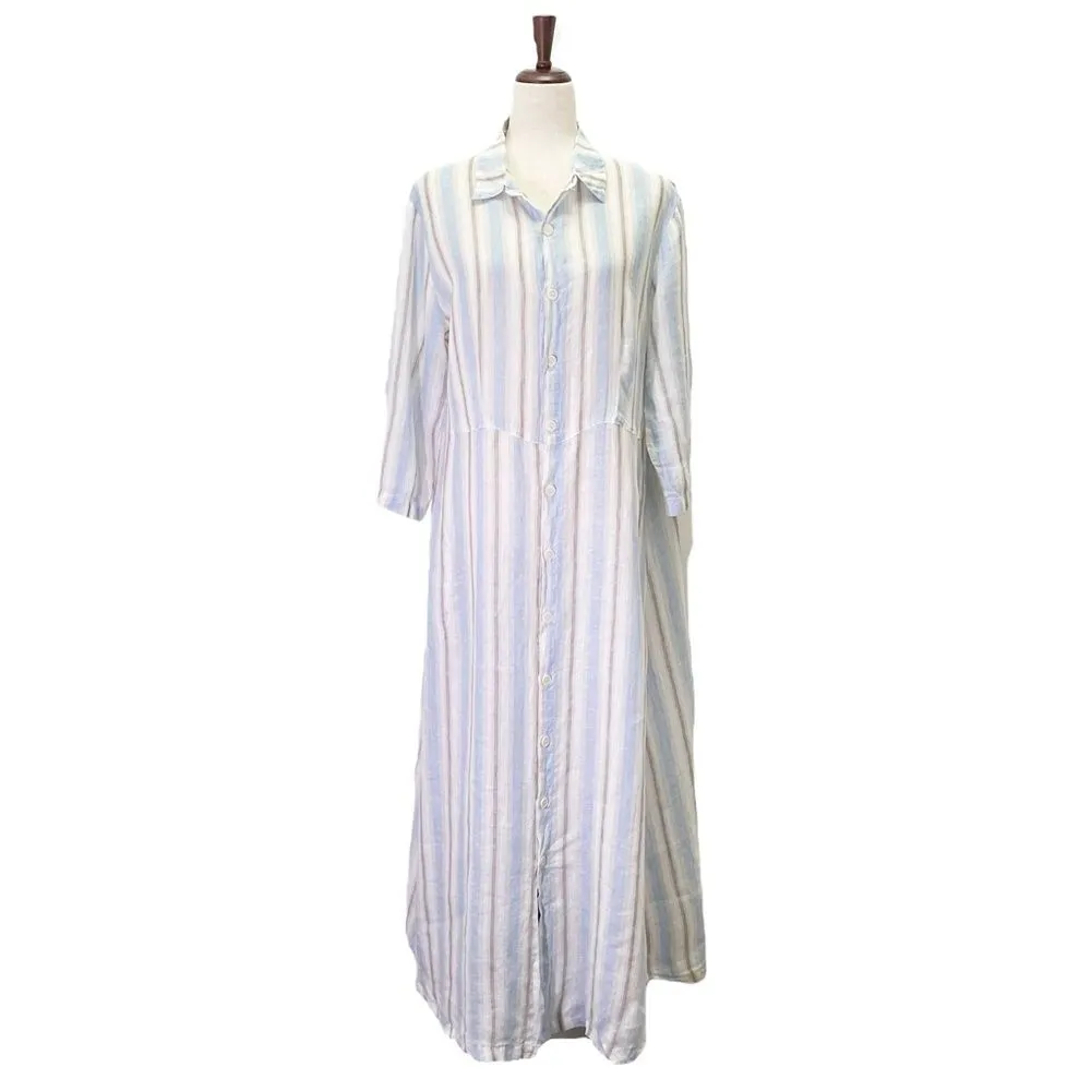CP Shades Michelle Dress Size Medium Linen Stripe Button Front Maxi Made in USA - Image 4