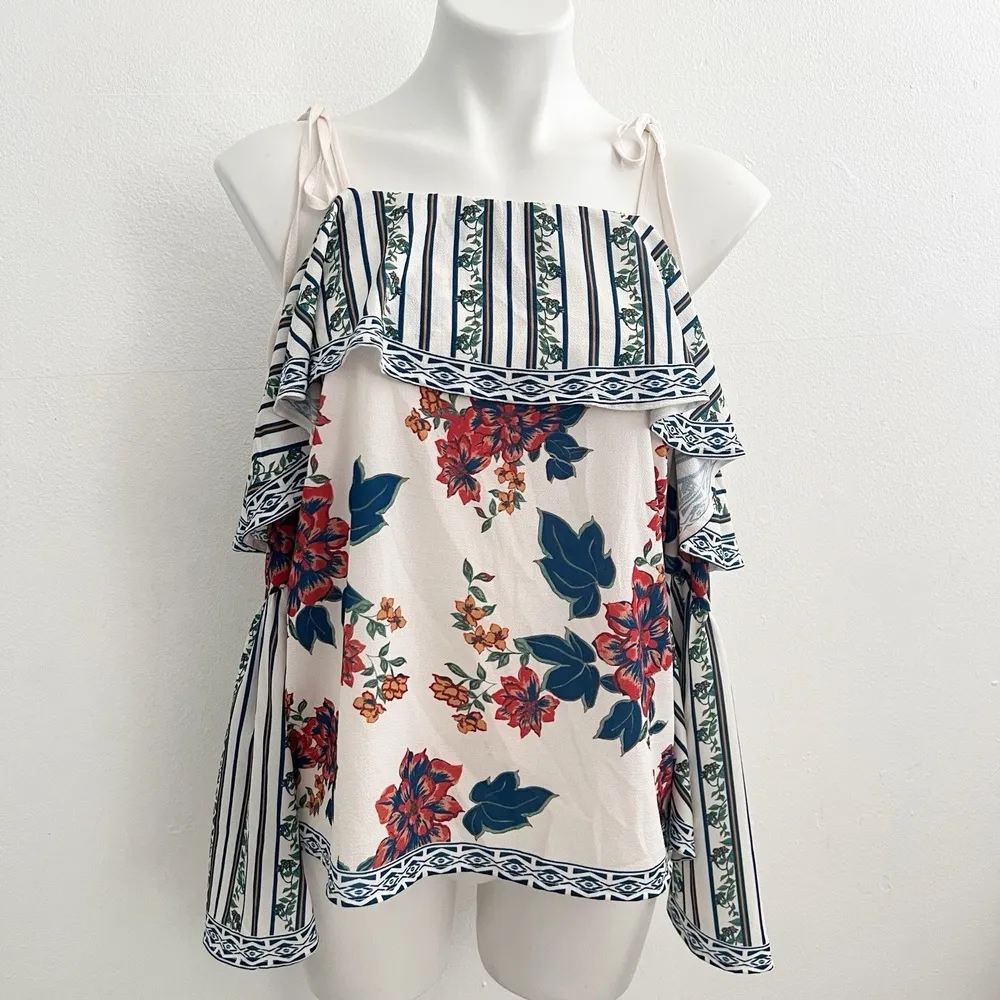 Anthropologie BELL Sleeve Cold Shoulder blouse Top LARGE Multicolor Floral Boho - Image 4