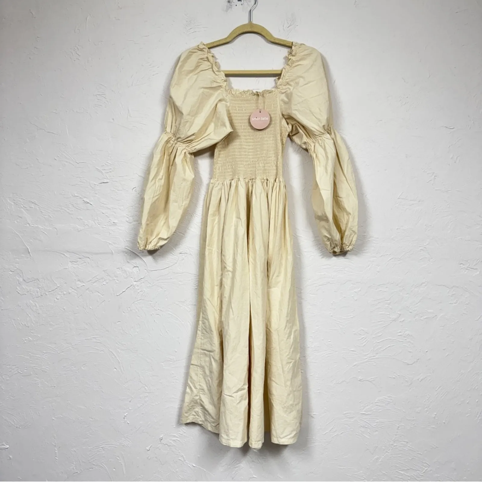 Monbebe Mom Daisy Beige Cotton Midi Dress Womens XS Cottage Core Prairie Minimal - Image 2