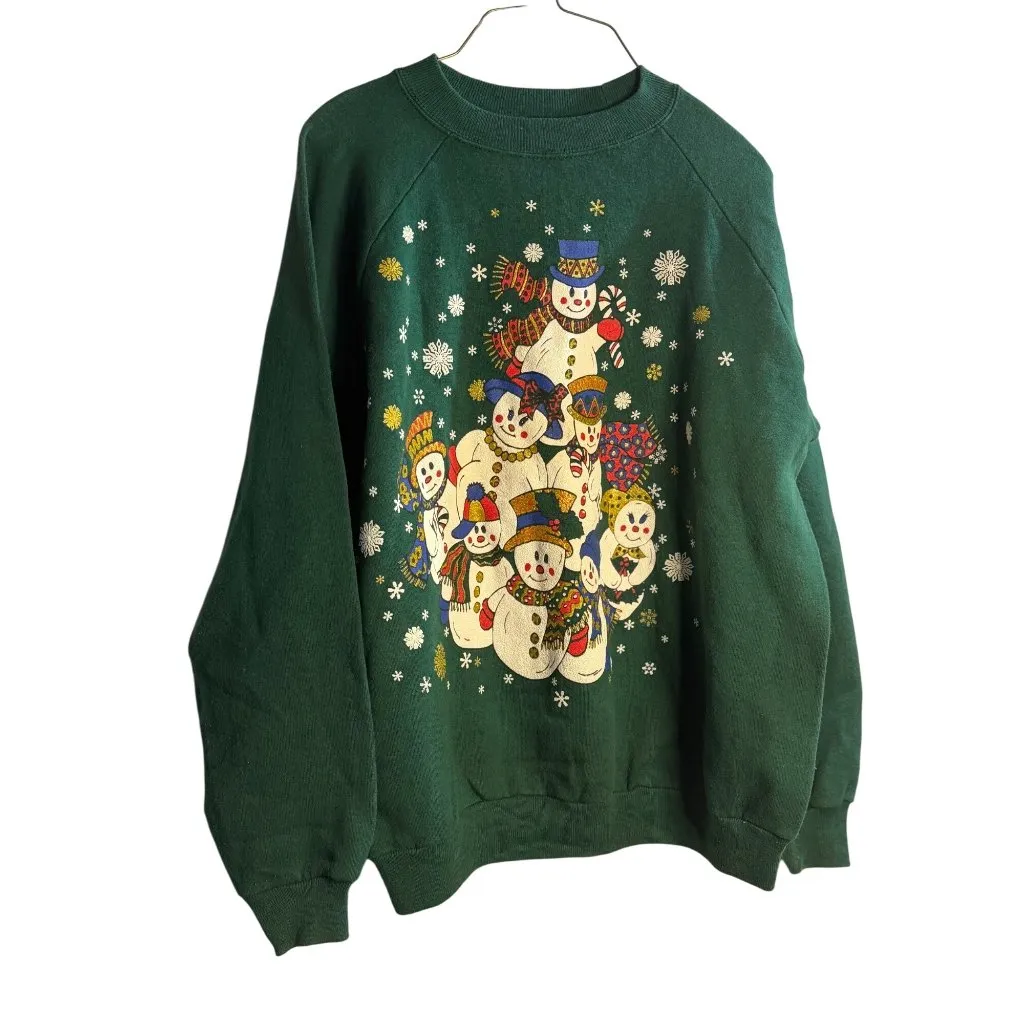 VTG Hanes Snowman Christmas Raglan Sweatshirt Women Large 26" Army Green Holiday - Image 2