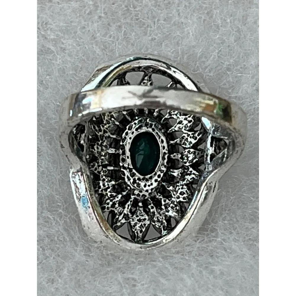 Silver Tone Jade Colored Rhinestone Marcasite Statement Ring‎ Sz 10 - Image 5