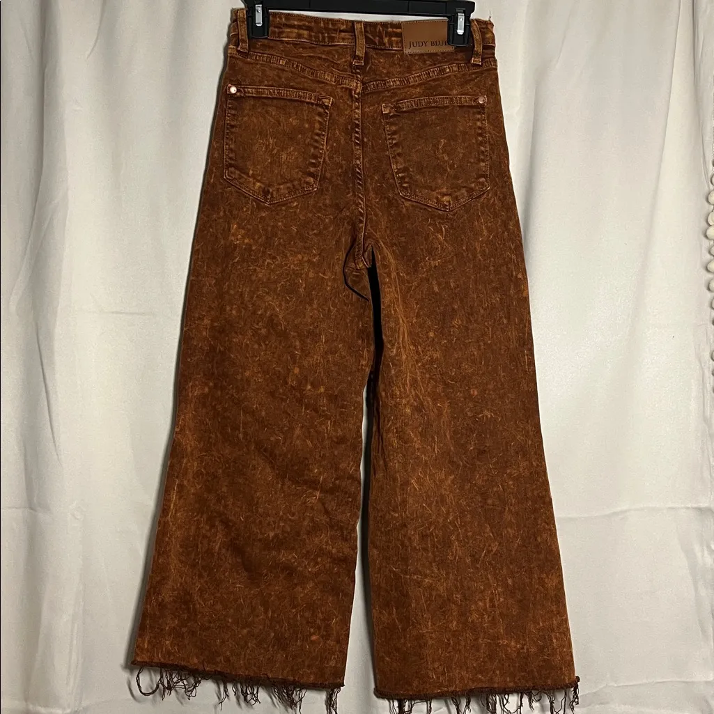 Judy Blue High Waist Garment Dyed Pumpkin Spice Raw Hem Wide Leg Crop Jean 5/27 - Image 2
