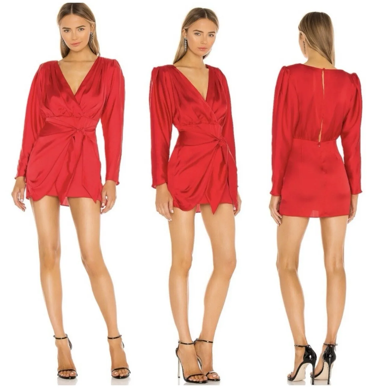 REVOLVE L'Academie the Dore Long Sleeve Satin Wrap Mini‎ Dress in Red Sz M - Image 3
