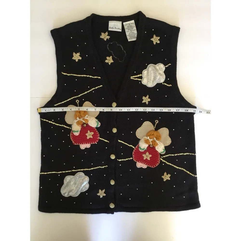 Bobbie Brooks Vintage Black/Gold Angels Cloud Appliqué Ugly Sweater Ves… - Image 4
