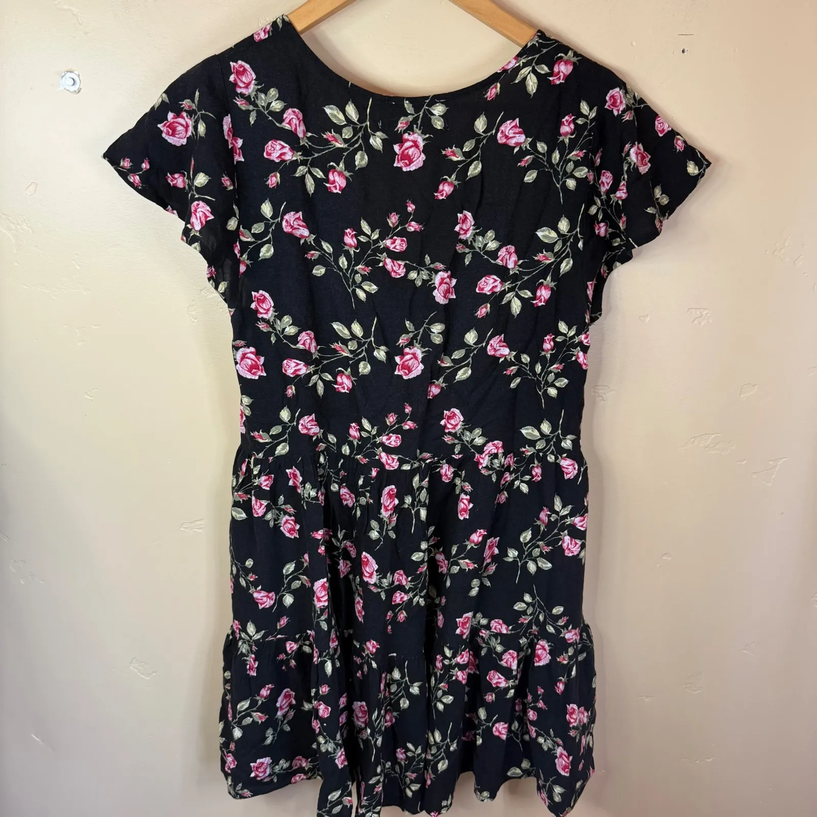 Urban Outfitters Floral Mini Dress Tie Front Rayon Black Pink Size‎ Small Y2K - Image 6