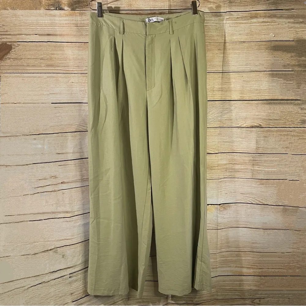 Zara high-rise wide leg pleated green trouser pants with pockets women Size XL - Image 13
