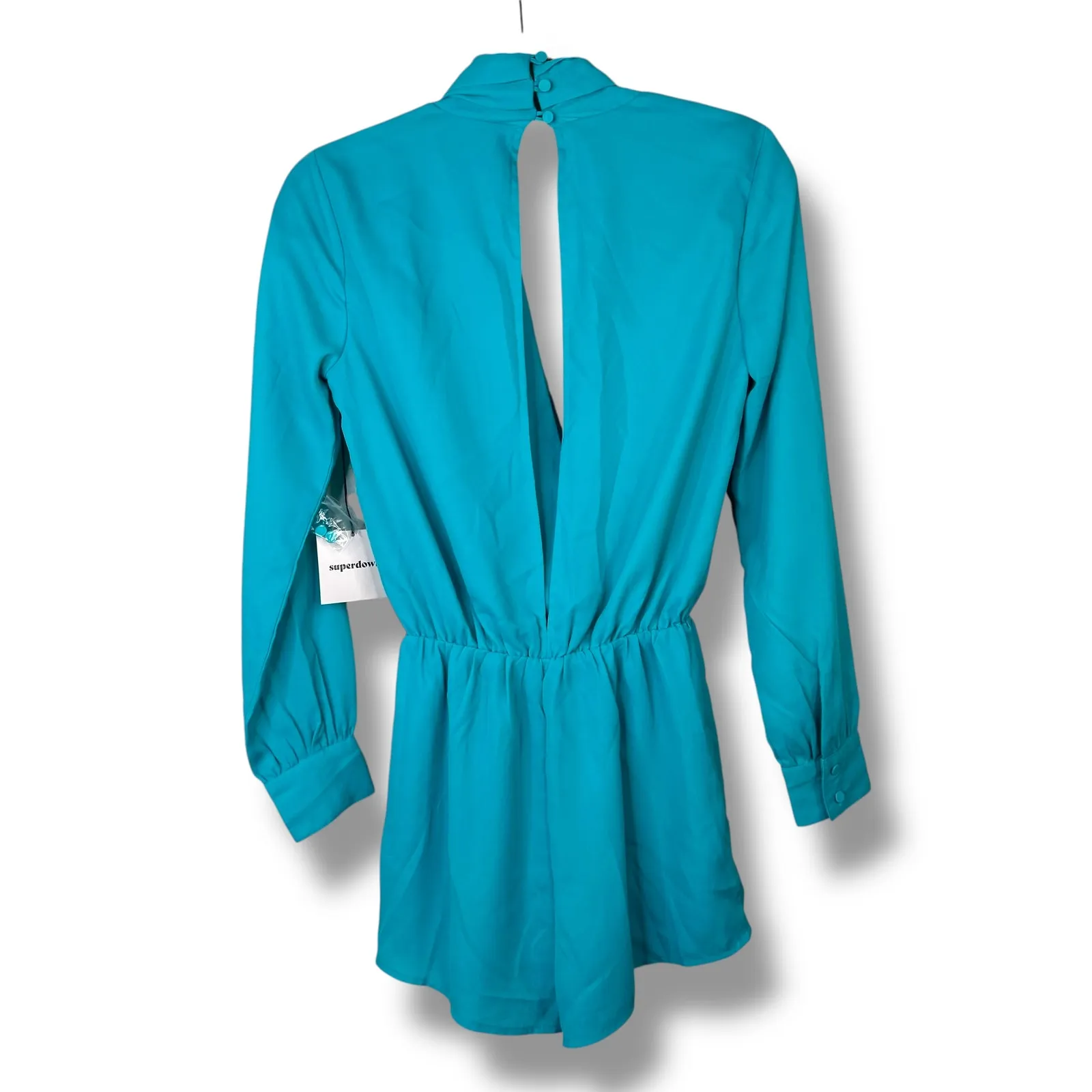 Superdown NWT Kaycie Teal Drape Neck Flowy Crepe Long Sleeve Cut-Out Romper XXS - Image 5