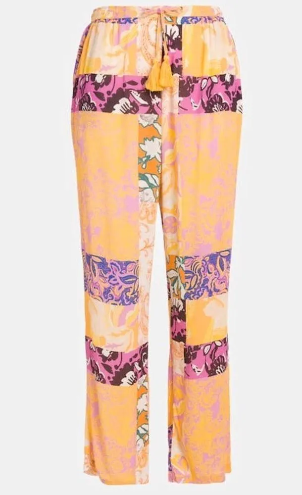 Ulla Popken Patchwork Print Elastic Waist Wide Leg Rose Fit Crepe Pants Yellow Size undefined - Image 2
