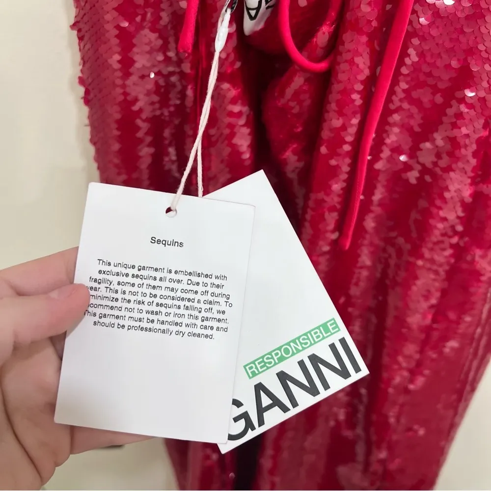 NEW Ganni Women's Red Sequined Satin Dress - Image 5