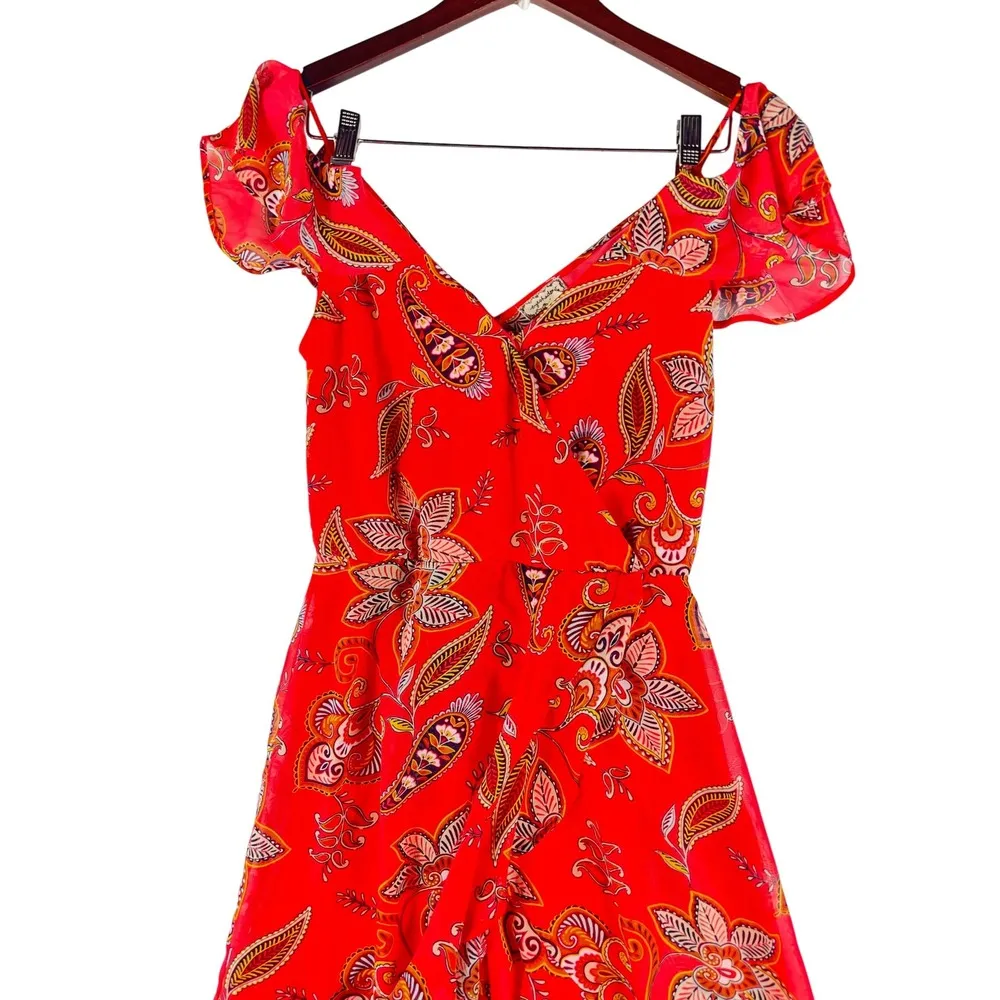 eyeshadow Red Floral Print Dress Ruffle Sleeve Summer Casual Size S - Image 4