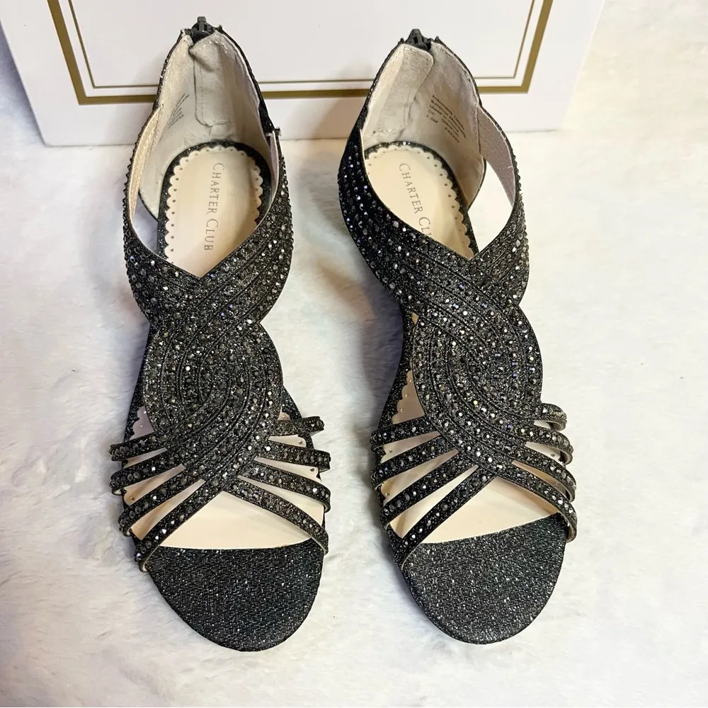 Charter Club Pewter Rhinestone Embellished Strappy Wedge Sandals Size 7.5 - Image 3