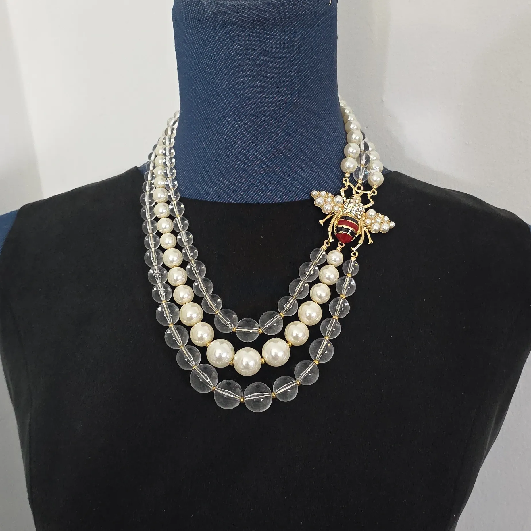 Statement 3 Strand Pearl with Bee Necklace And Earrings Set - Image 9