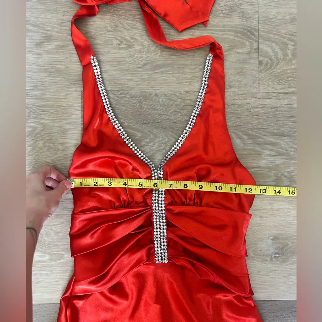 Vintage Bora USA Red Satin Rhinestone Halter Dress – Y2K - Image 4