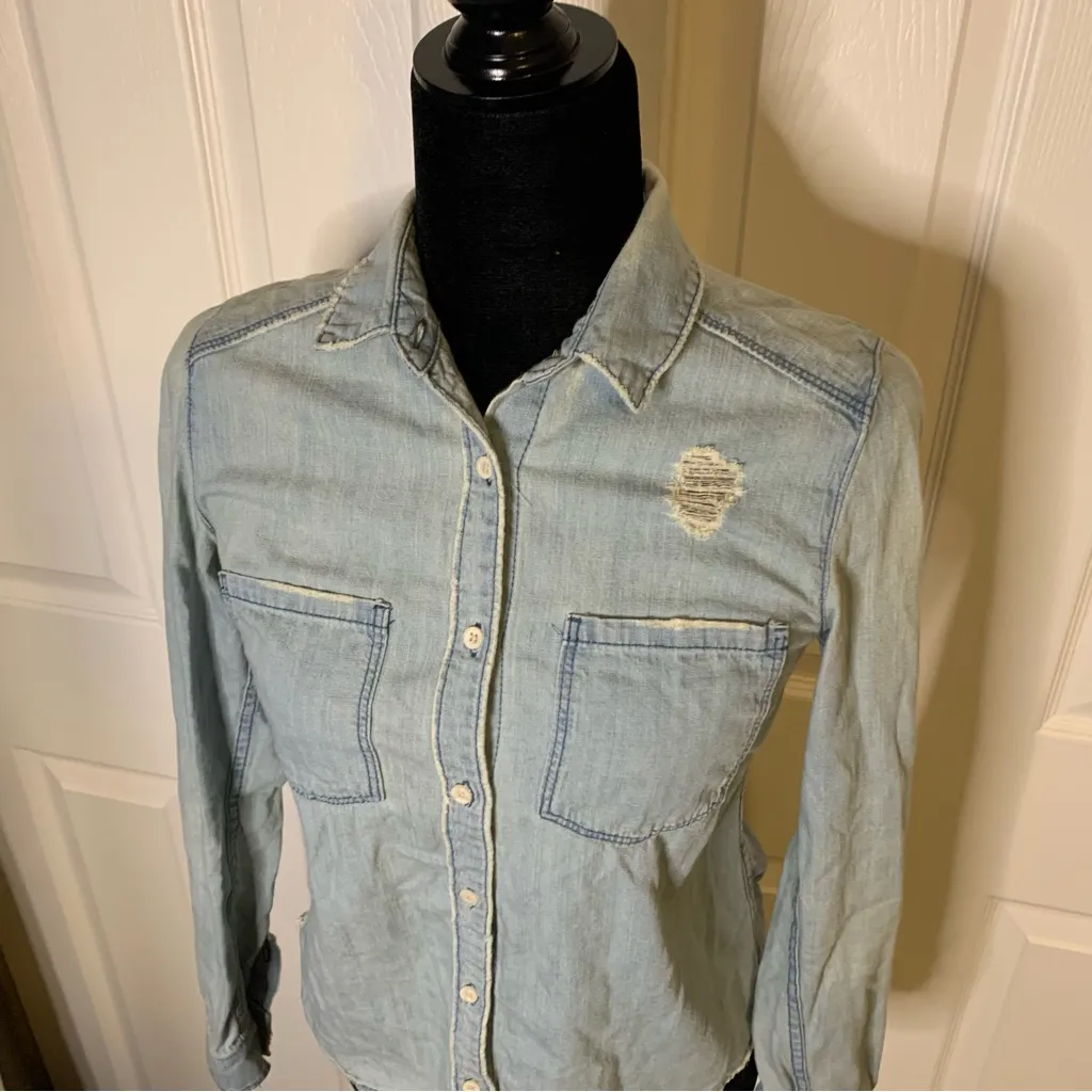 Divided Distressed Jean Button Up Blouse - Image 2