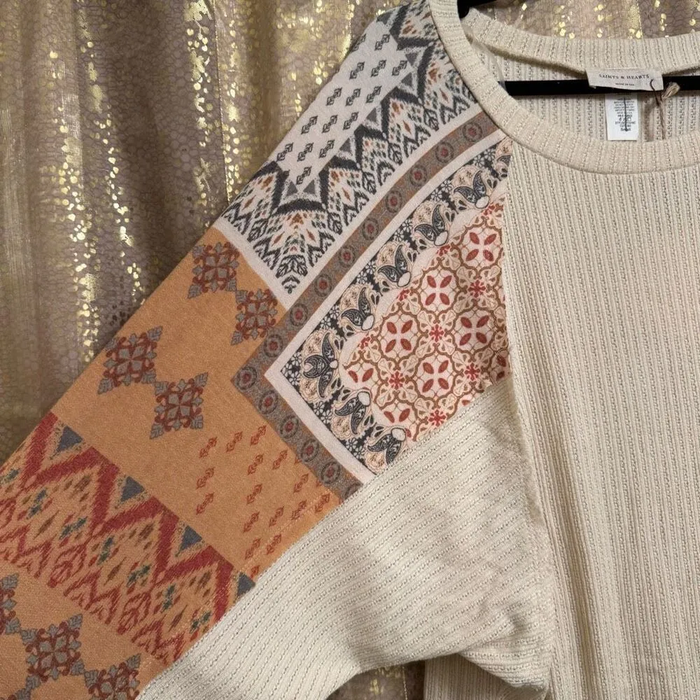 Saints & Hearts Textured Dolman Patchwork Slub Loose Fit Sweater Small NWT Orange - Image 4