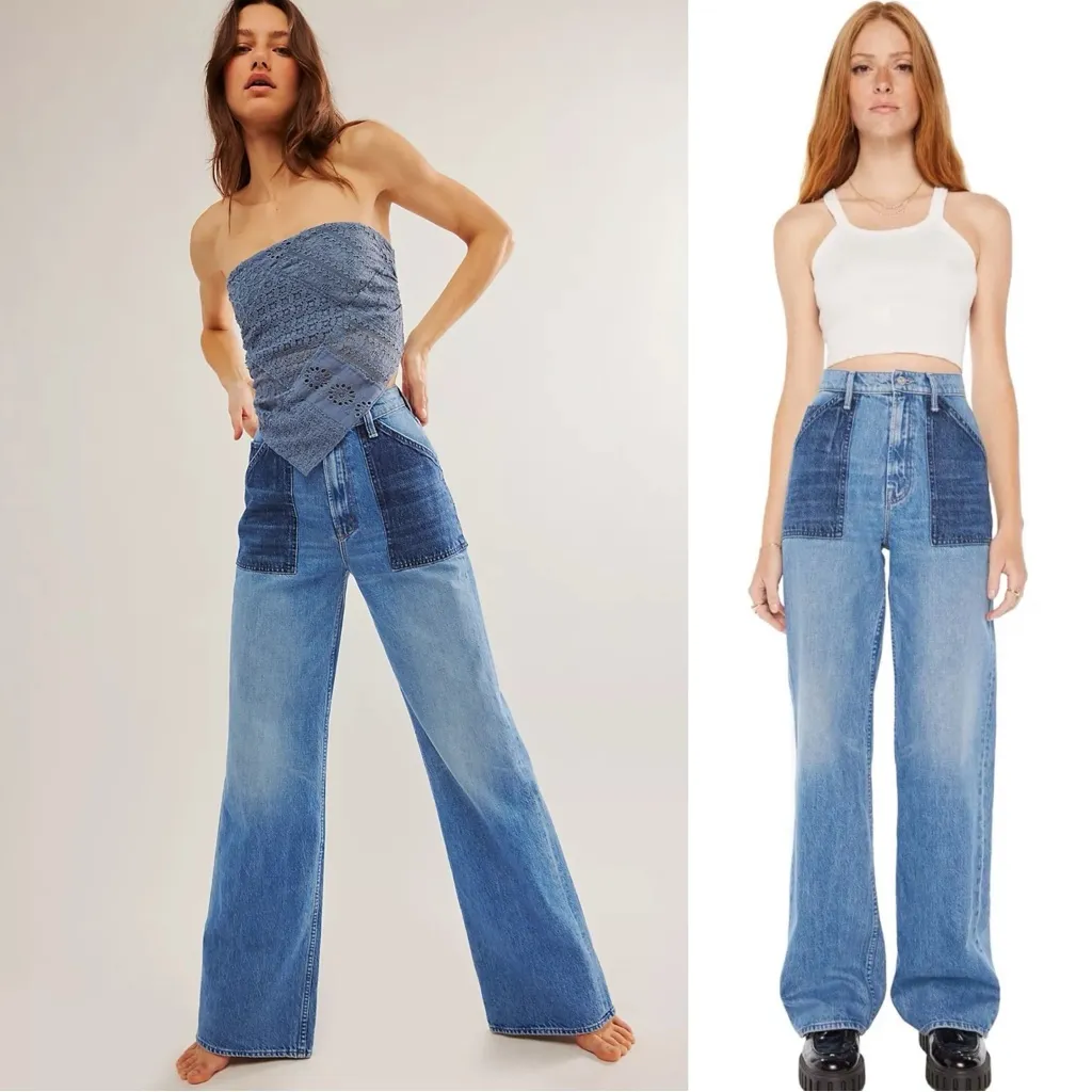 MOTHER Superior 32 Wide Leg High Rise The Patch Maven Heel Love Triangle Jeans Blue - Image 3