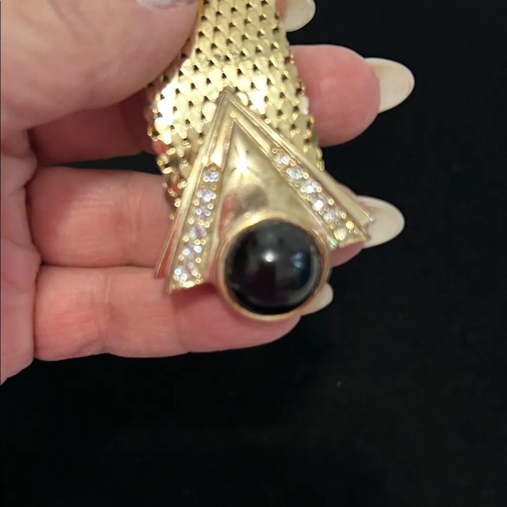 Vintage Gold Tone Mesh Cuff Bracelet Black Stone/Rhinestones - Image 6
