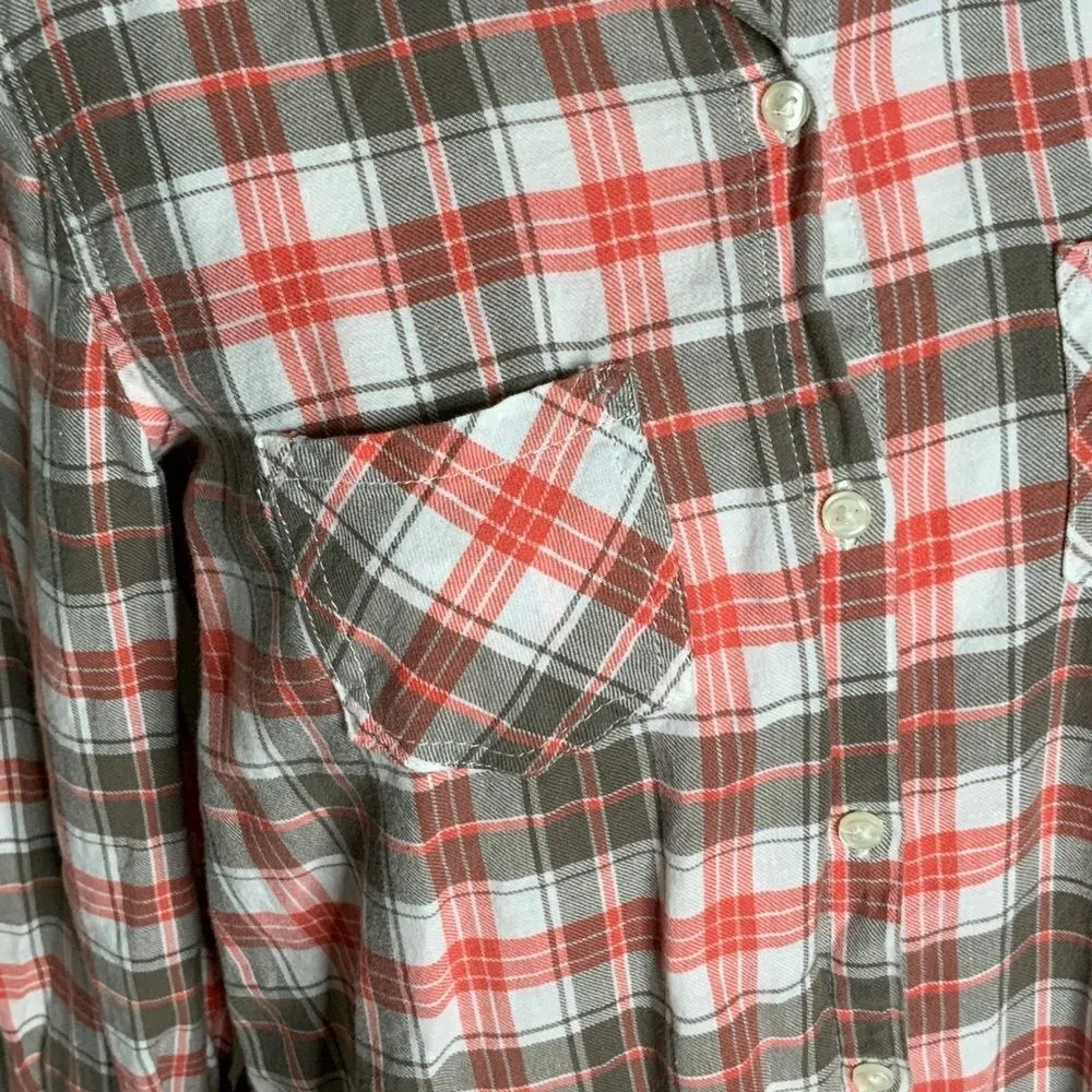 Old Navy Orange & Gray Long Sleeve Button Front Casual Flannel Collared Shirt XS - Image 6
