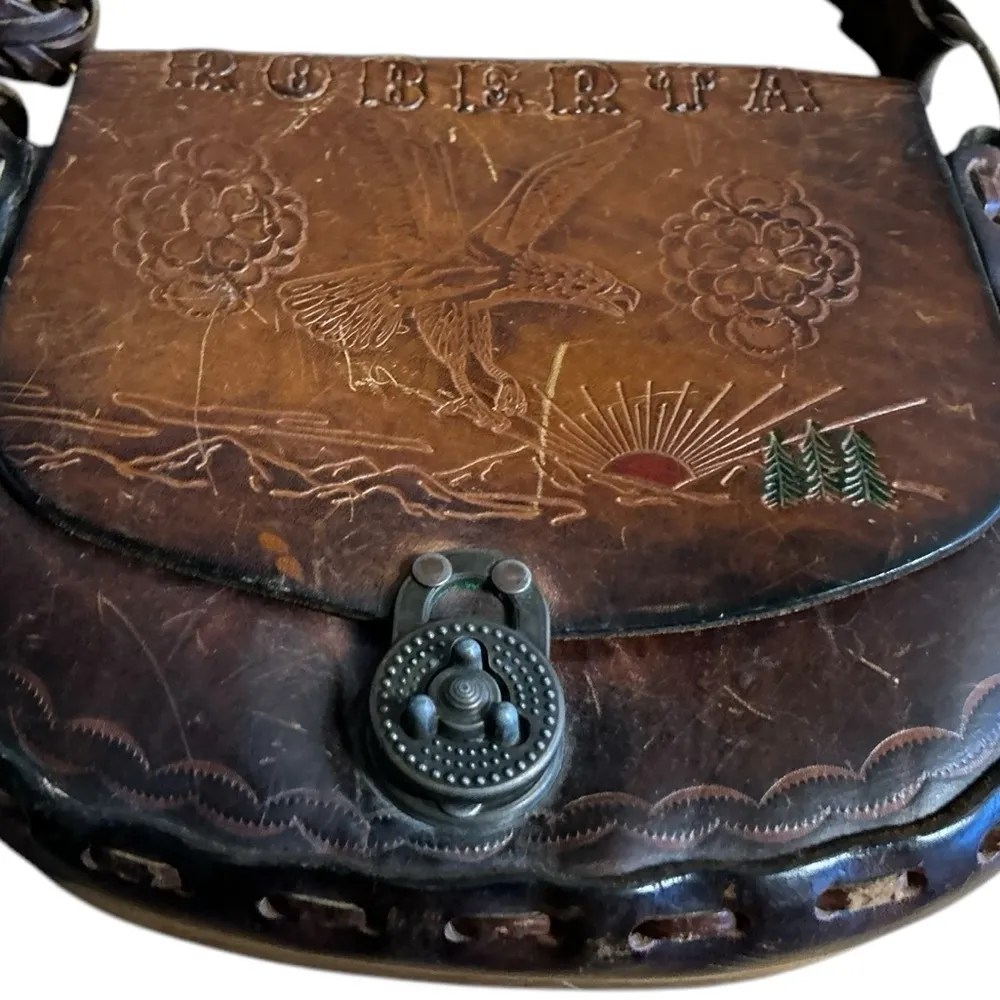 Roberta Vintage Brown Tooled Leather Saddle Bag Purse Floral Design Brown - Image 1