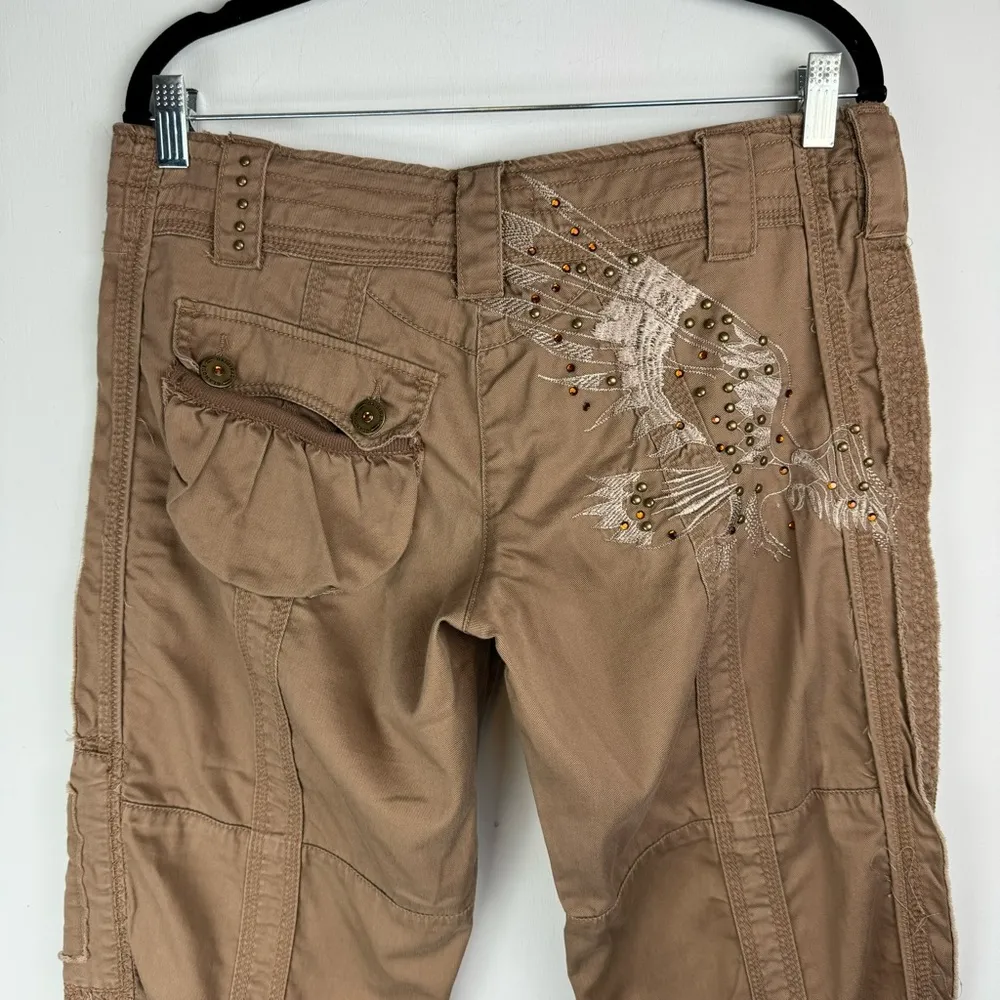 Y2K Original & Glamour Sz Large Cargo Baggy Crop Pants Patchwork Embroidered Tan - Image 12