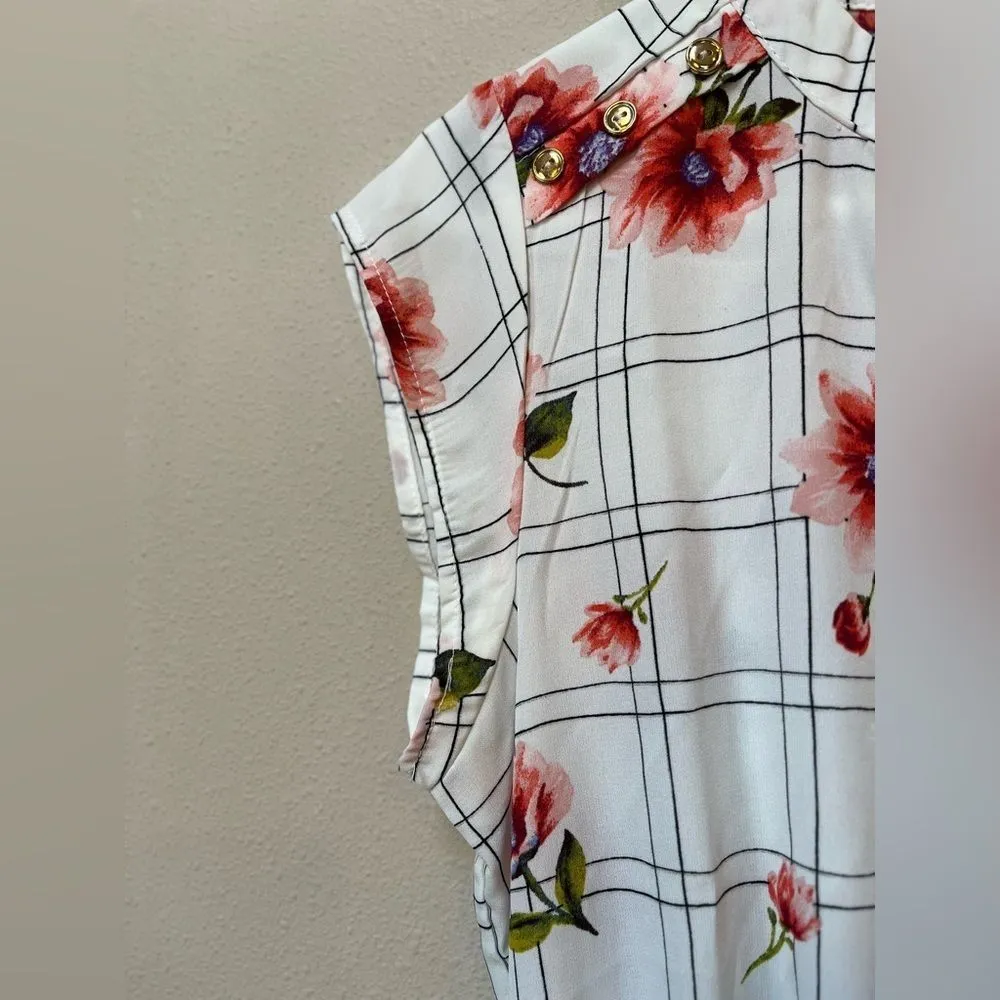 Sweet Rain Women’s White Pink Floral Checker Print Short Sleeve Mini Dress Small - Image 7