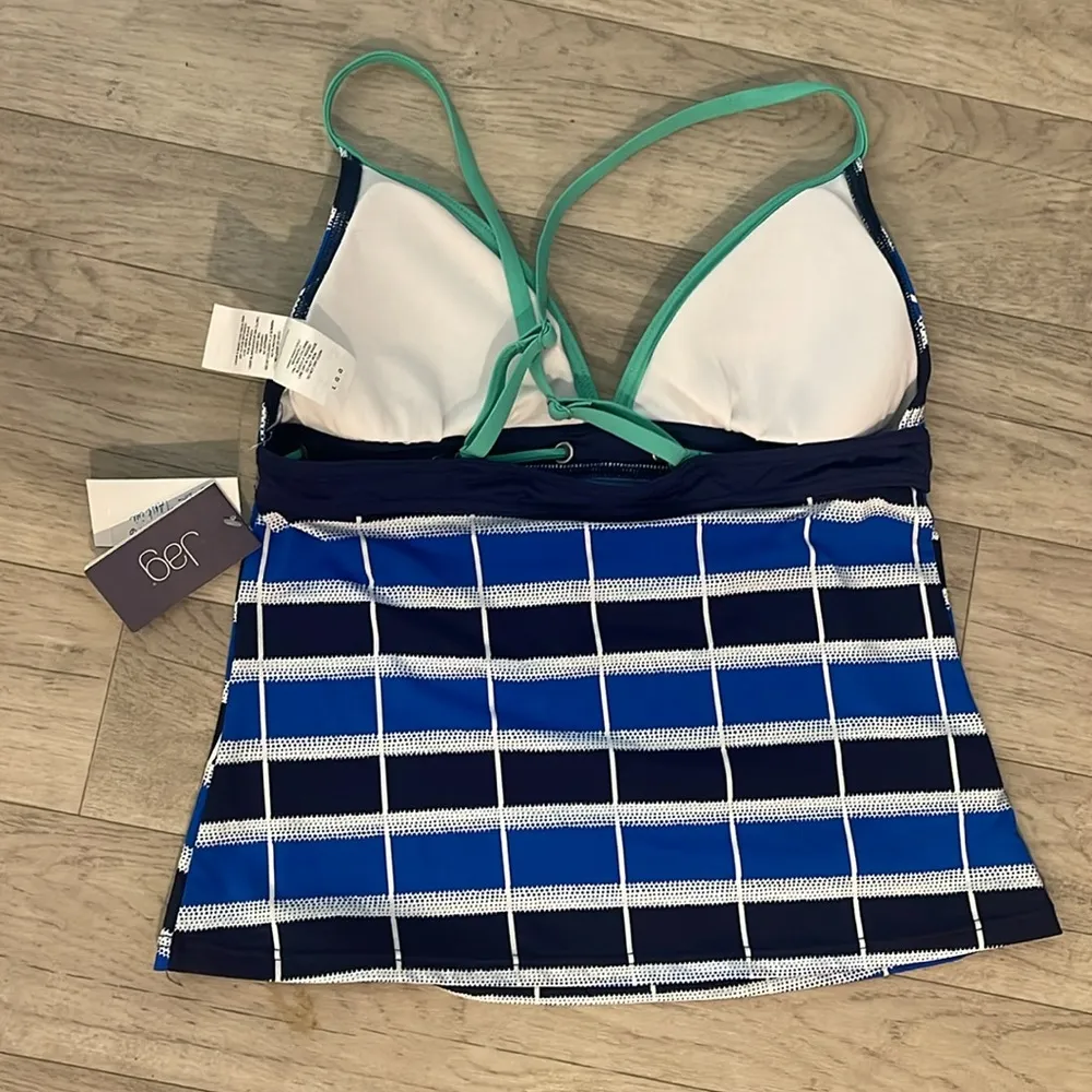 Blue navy white green bow Striped Tankini swim Top NWT checker sz large - Image 3