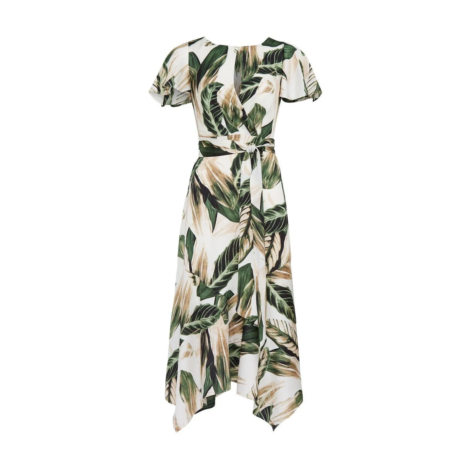 Great Jones Ivory Green Palm Leaf Short Sleeve Tropical Resort Midi Dress 4 White - Image 4