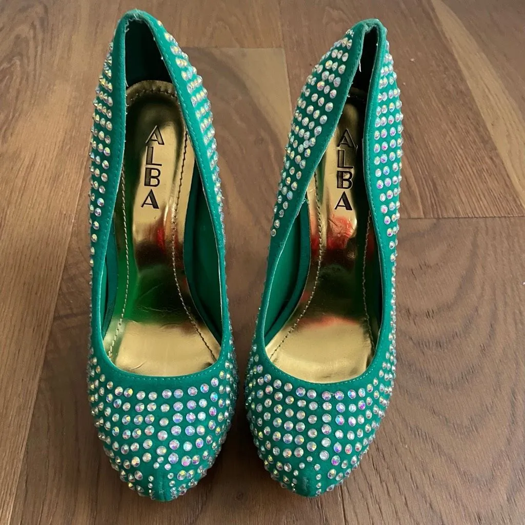 Alba Green Iridescent Rhinestone Bling Stiletto Platform Pleaser Heels 7.5 - Image 3