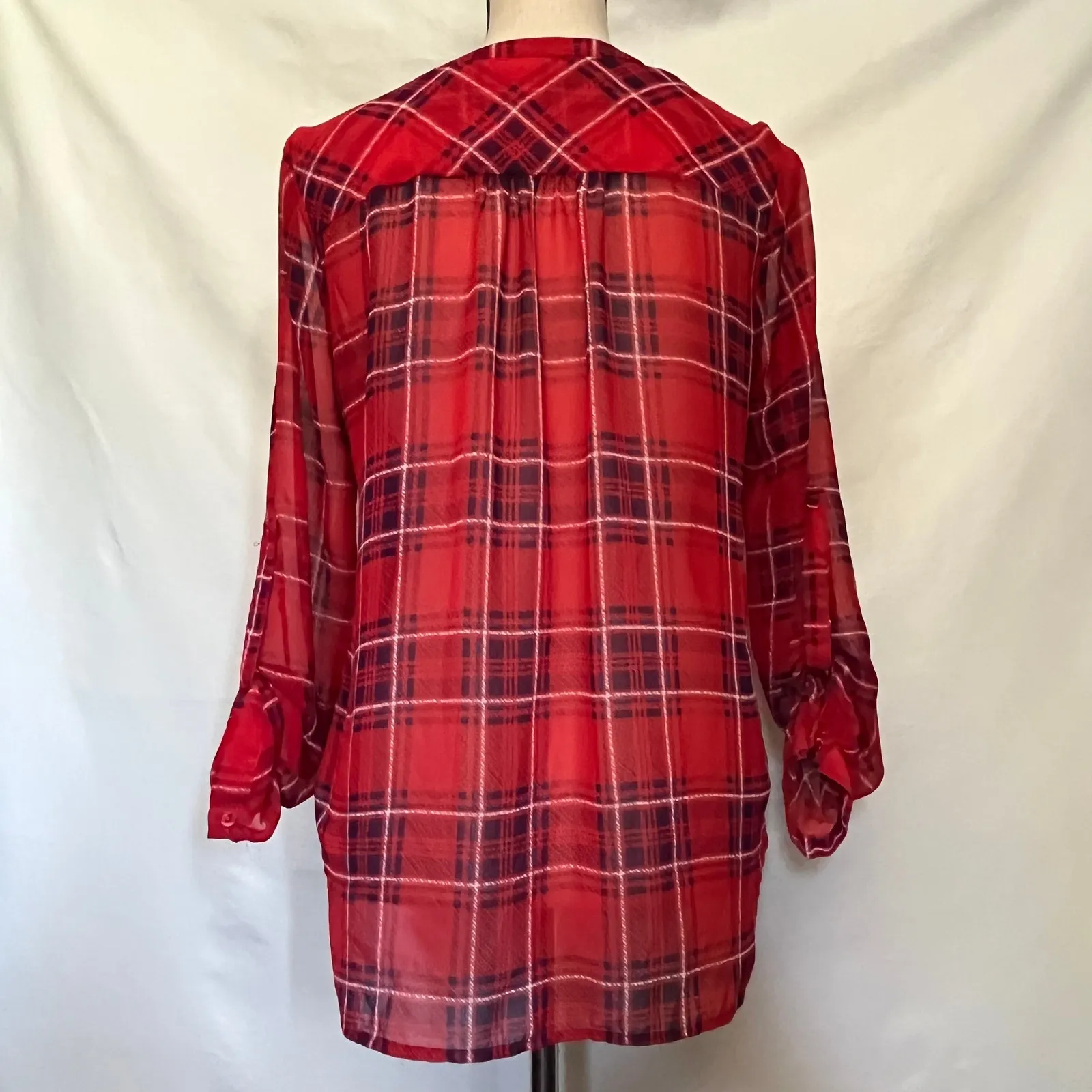 Skies are Blue Plaid Womens Top XS Boho Festival Chiffon Roll Tab Peasant Red - Image 7