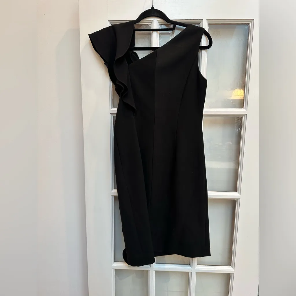 RICKIE FREEMAN FOR TERI JON Asymmetric Neck Crepe Dress Side Ruffle Size 2 XS Black - Image 5