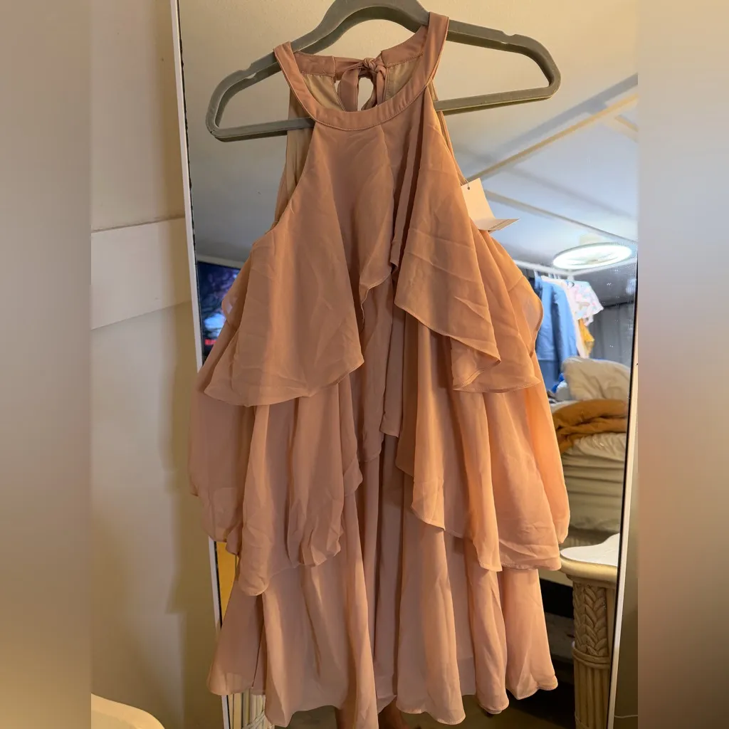 NEW DRESSTELLS Cocktail Ruffle Tiered Formal Wedding Guest Halter Mini Dress M Tan Size M - Image 5