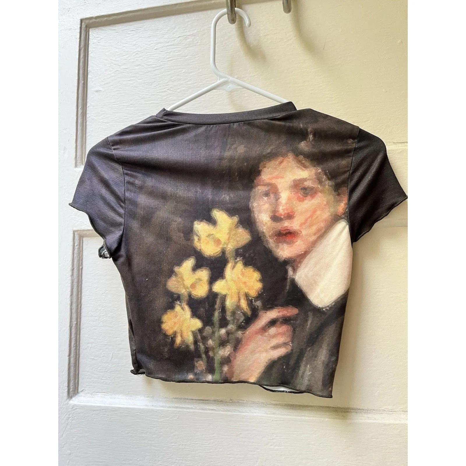 Shein Womens Avante Garde Crop Tee Size S Brown Watercolor Expressionist Flowers - Image 2