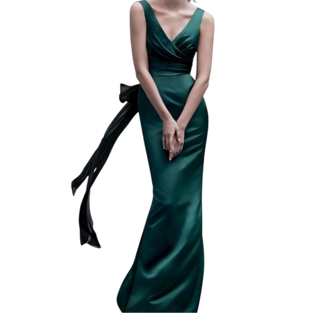 White by Vera Wang Navy Blue Satin V Neck Wrap Front Back Sash Maxi Dress Size 8 - Image 13