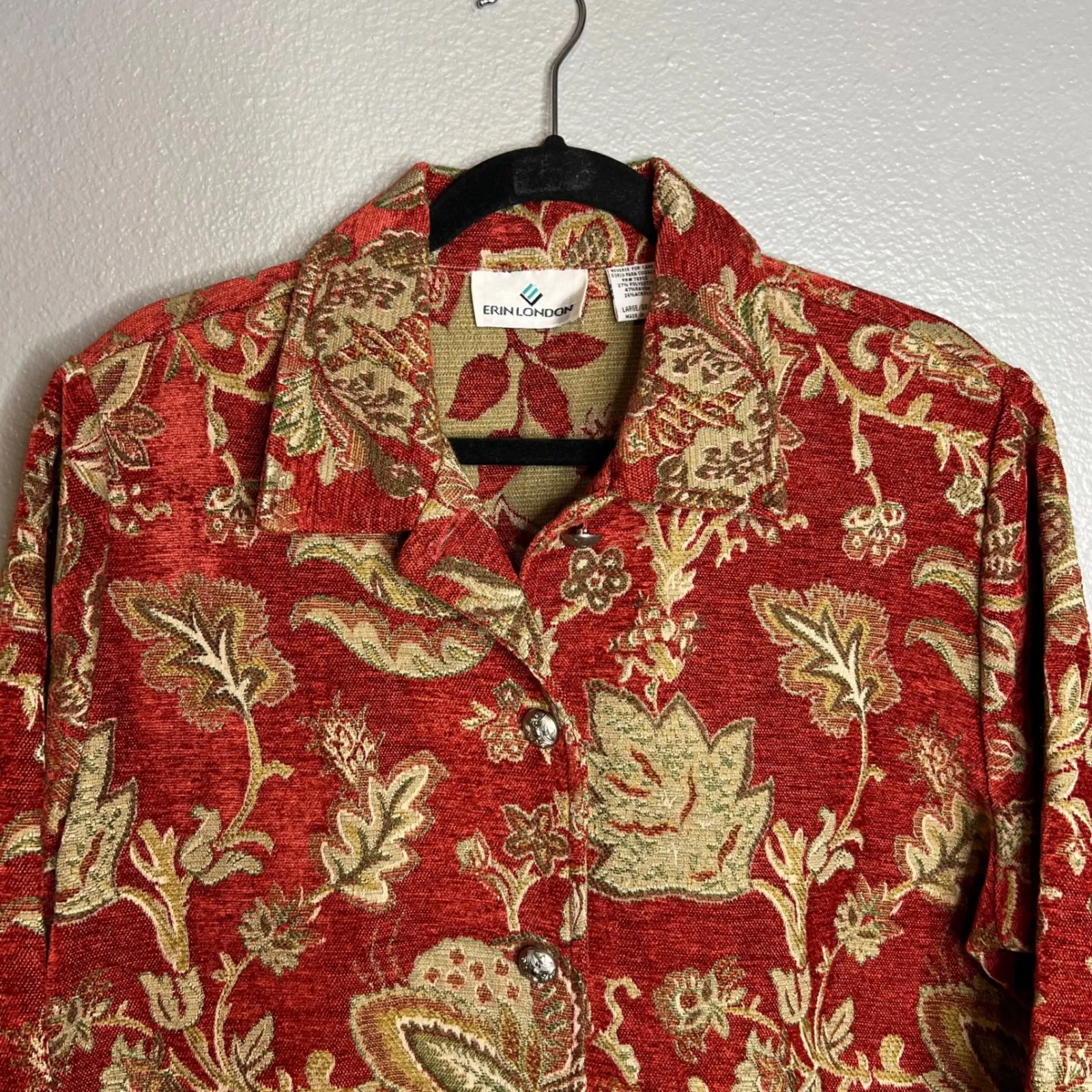 Erin London Floral Tapestry Button‎ Down Jacket Size L Red Gold Foilage Boho Size L - Image 4