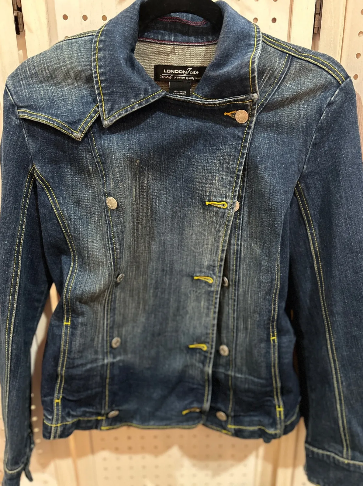 LONDON JEAN Double Breasted Denim Jacket Blue Yellow Stitching Women's XS - Image 1
