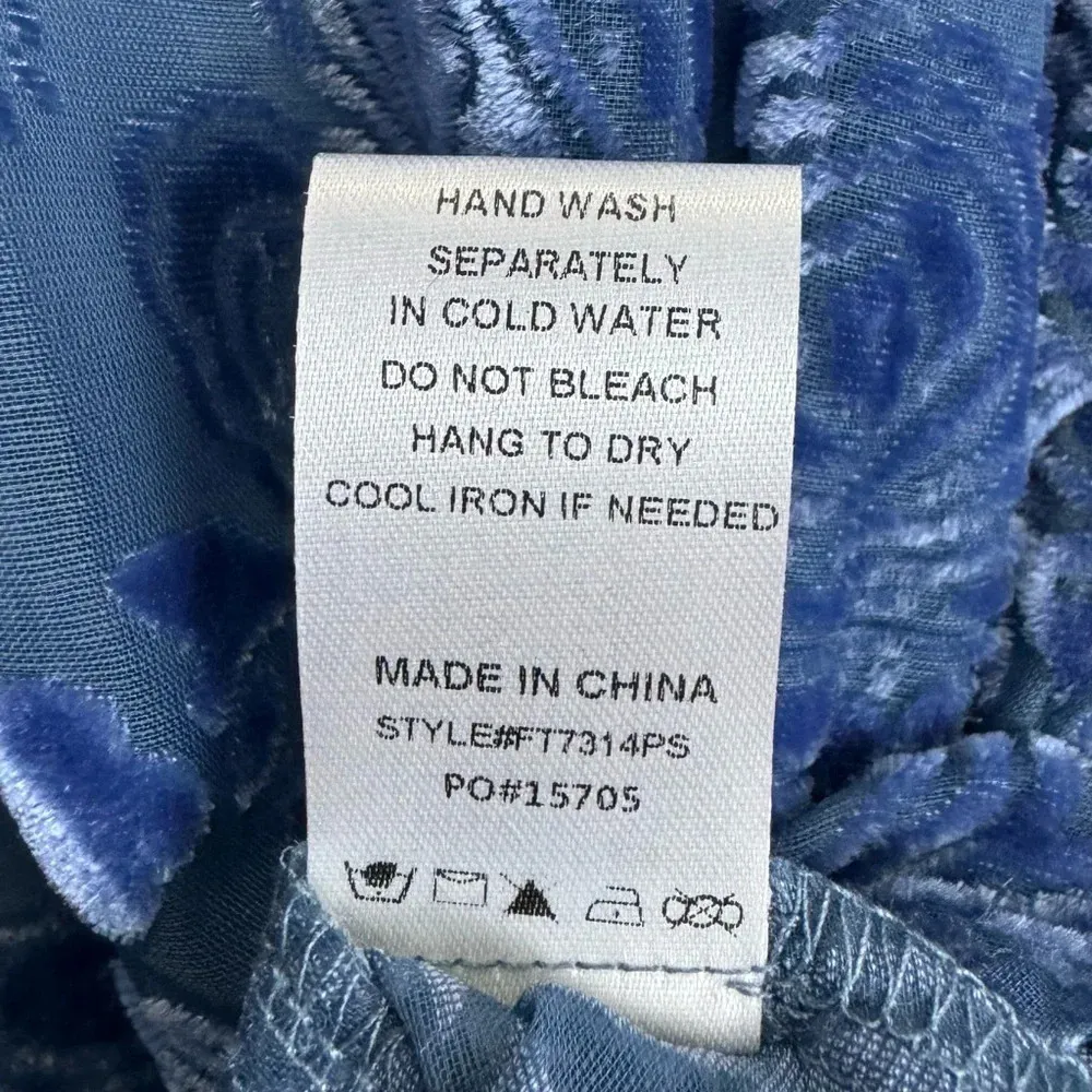 Y2K Meritt Velvet Burnout Satin Button Up Top Small Paisley Blue Long Sleeve VTG - Image 8