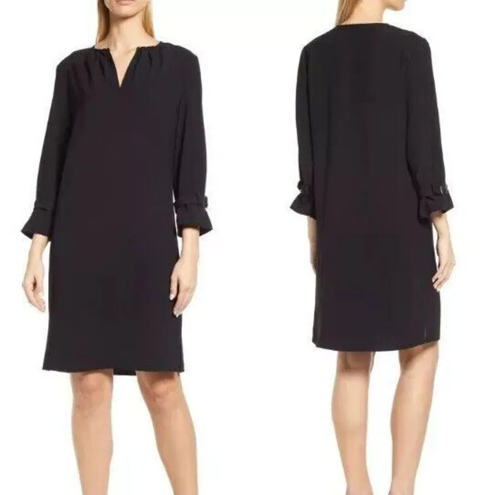 Ming‎ Wang Buckle Cuff Crepe Shift Dress in Black Cocktail Business L Minimalist - Image 2