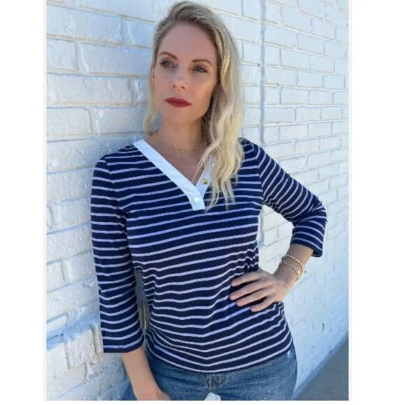 Draper James V-Neck Puff Sleeve Shirt in Nassau Navy Mariner Stripe Size XL - Image 2