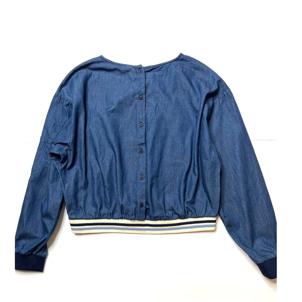 ZARA Trafaluc denimwear Denim Long Sleeve Back Buttons Cropped Top Sz M - Image 3