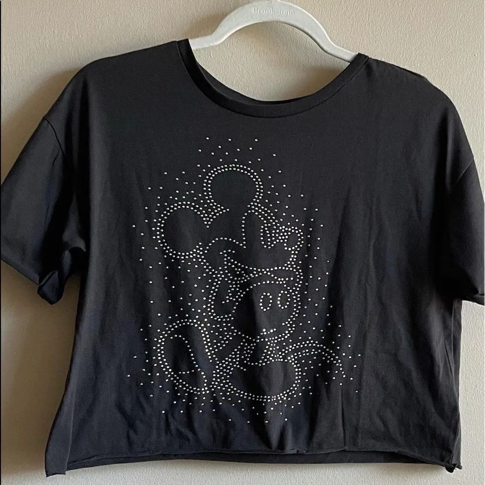 Disney Mickey Mouse cropped charcoal Gray women’s shirt large w/ jeweled beading - Image 2