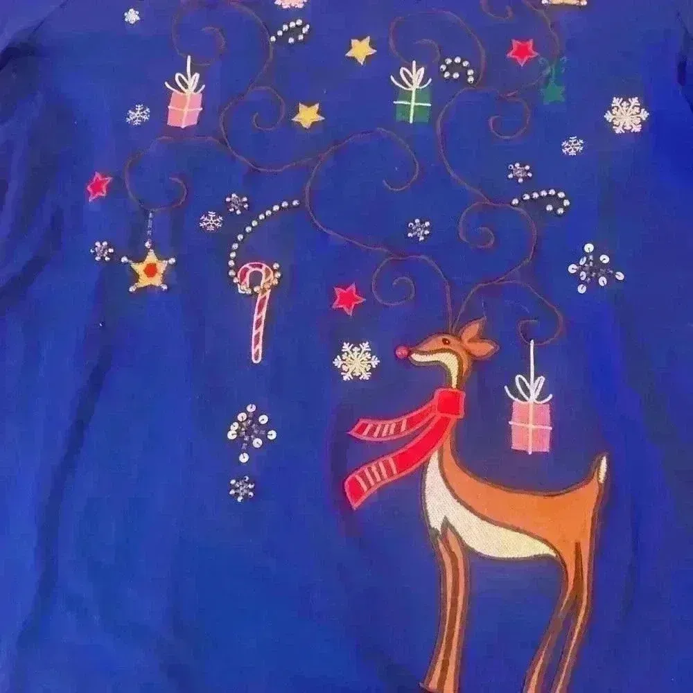 Christmas Winter Holiday Long Sleeve Tee embroidered sequins beading size Small - Image 8